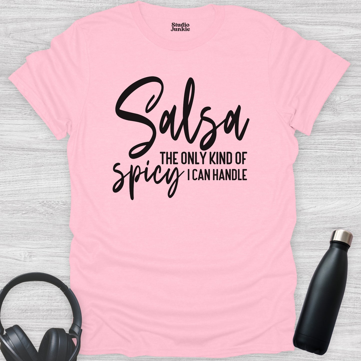 Salsa The Only Kind of Spicy I Can Handle Adult Dance T-Shirt in color Light Pink